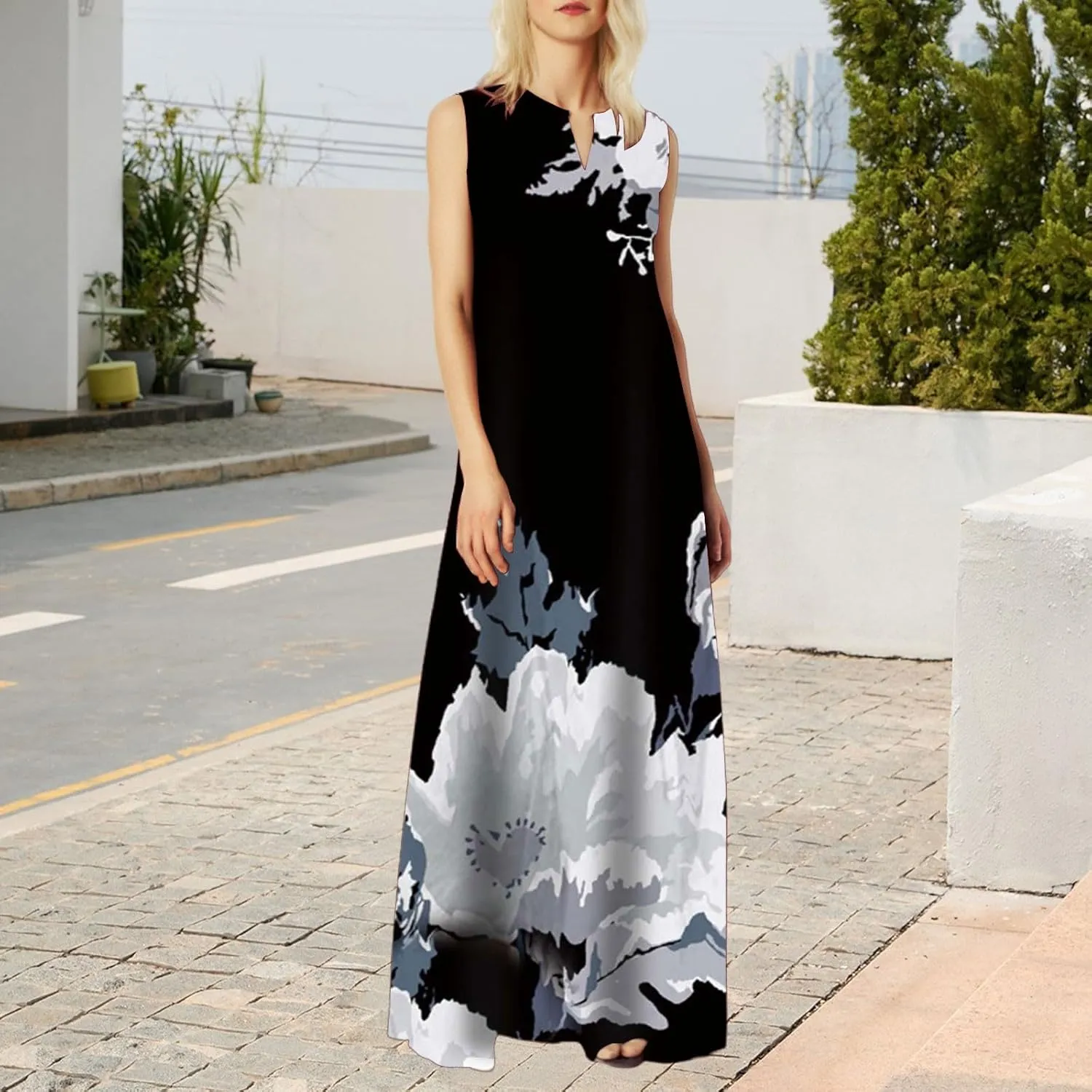 Summer Dresses for Women 2025,Women's Elegant Summer Casual Sleeveless Print Dresses V Neck Maxi Loose Beach Dress