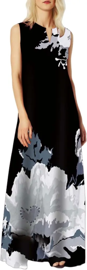 Summer Dresses for Women 2025,Women's Elegant Summer Casual Sleeveless Print Dresses V Neck Maxi Loose Beach Dress