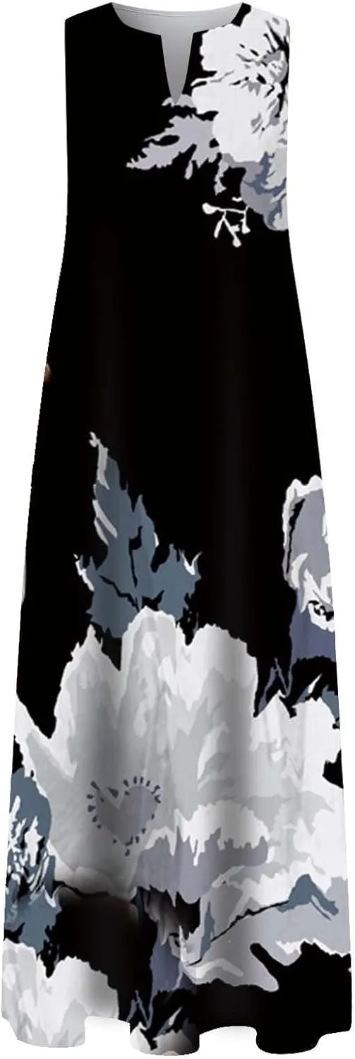Summer Dresses for Women 2025,Women's Elegant Summer Casual Sleeveless Print Dresses V Neck Maxi Loose Beach Dress