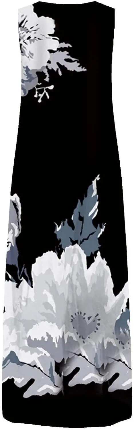 Summer Dresses for Women 2025,Women's Elegant Summer Casual Sleeveless Print Dresses V Neck Maxi Loose Beach Dress