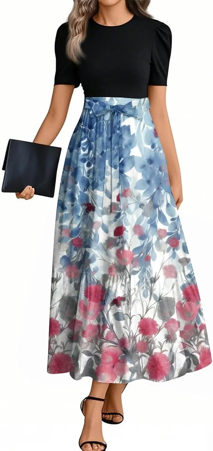 Summer Maxi Dress Church Dresses for Women 2025 Short Sleeve Crewneck Empire Waist Dress Aline Flowy Vacation Dresses
