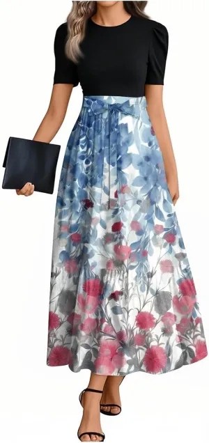 Summer Maxi Dress Church Dresses for Women 2025 Short Sleeve Crewneck Empire Waist Dress Aline Flowy Vacation Dresses