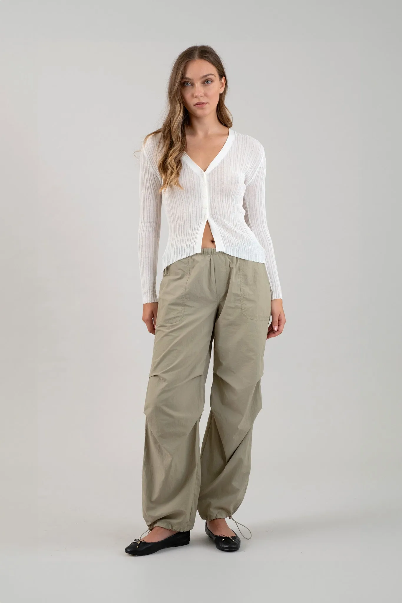 V NECK BUTTON DOWN SHEER KNIT CARDIGAN