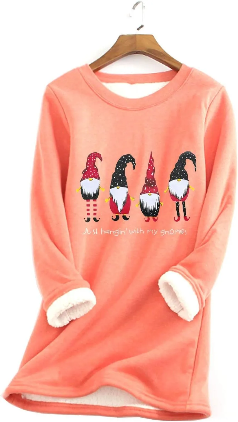 Women Thick Fleece Sweatshirt Thermal Underwear Top Warm Lined Shirts Christmas Graphic Sweater Plus Size