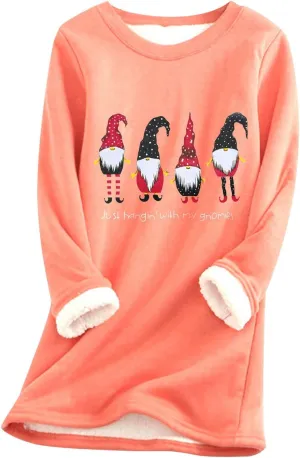 Women Thick Fleece Sweatshirt Thermal Underwear Top Warm Lined Shirts Christmas Graphic Sweater Plus Size