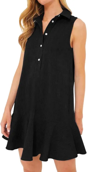 Womens 2025 Summer Sleeveless Shirt Dress Cotton Linen Button Down Ruffle Hem Mini Dresses Loose Flowy Swing Dresses