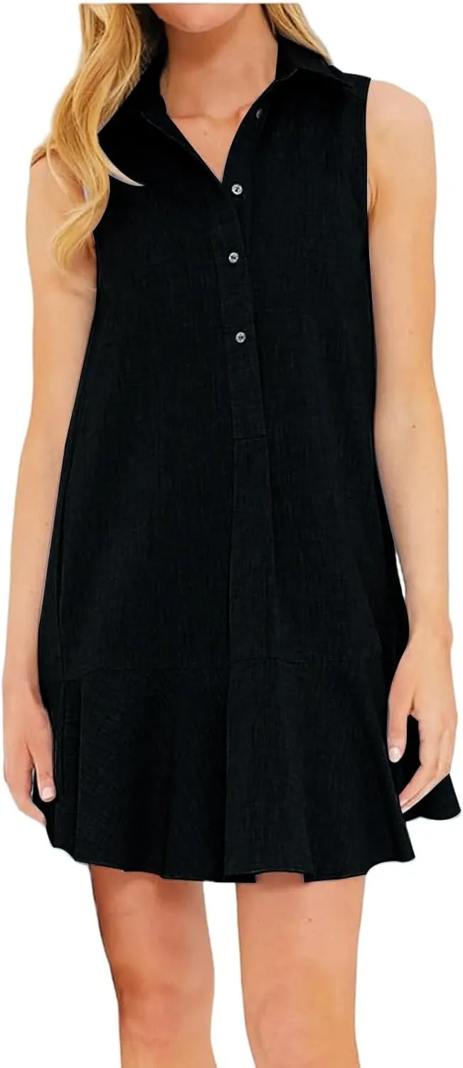 Womens 2025 Summer Sleeveless Shirt Dress Cotton Linen Button Down Ruffle Hem Mini Dresses Loose Flowy Swing Dresses