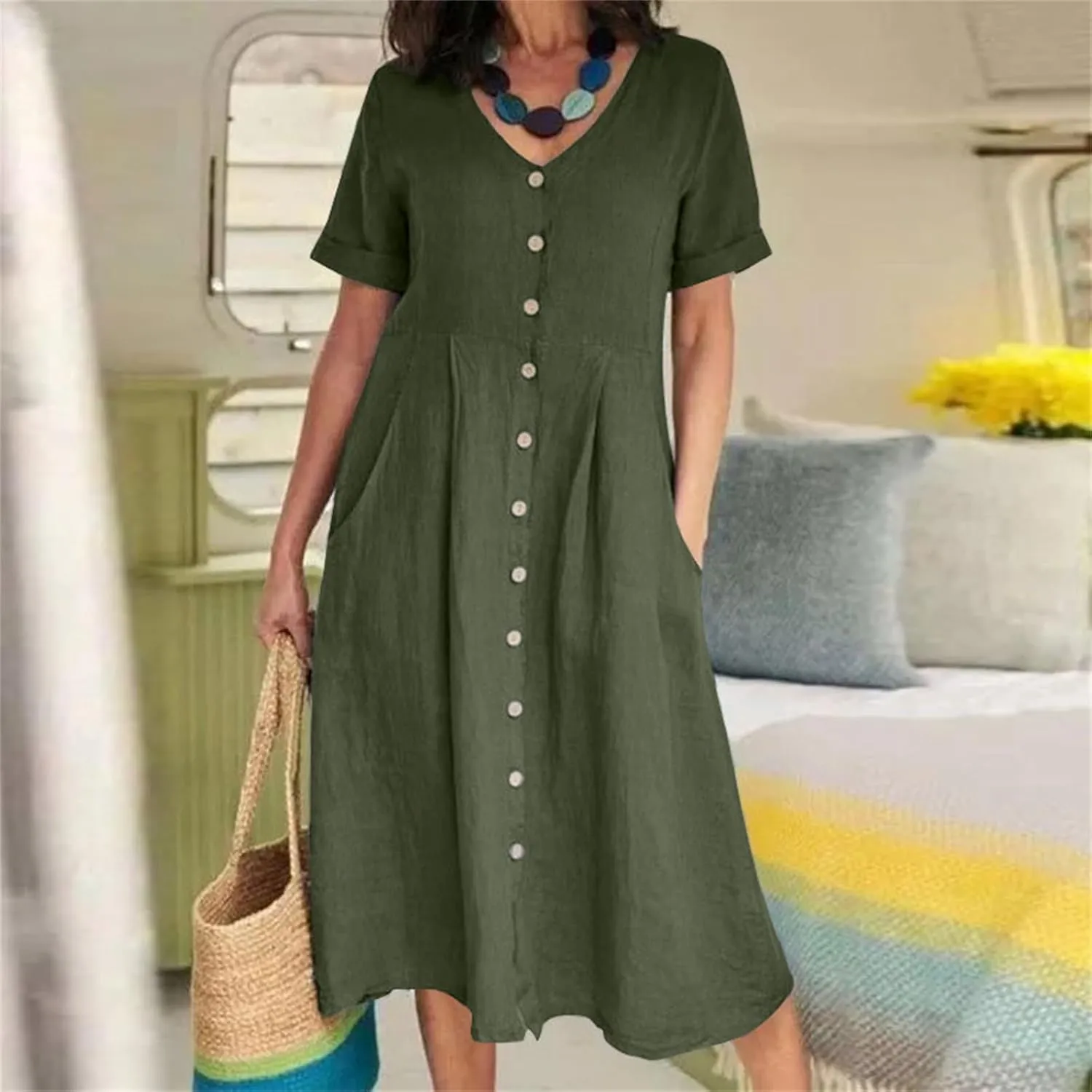 Women's Button Down T-Shirt Dress Casual High Low V Neck Loose Linen Summer Short Sleeve Midi Dresses with Pockets