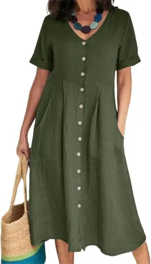 Women's Button Down T-Shirt Dress Casual High Low V Neck Loose Linen Summer Short Sleeve Midi Dresses with Pockets