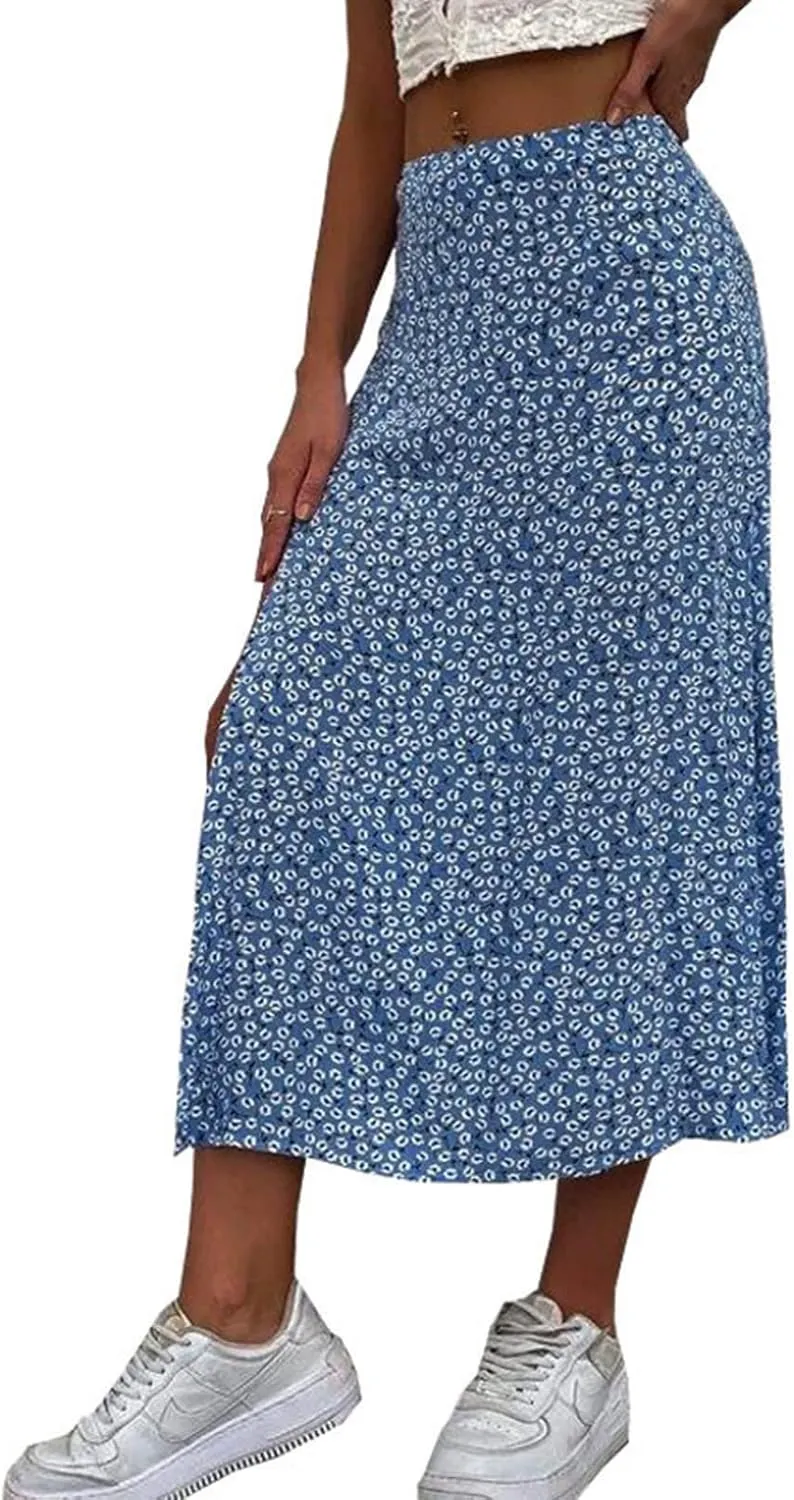 Womens Floral Maxi Skirt Boho Side Slit Flowy Summer Long Skirts Comfy High Waist Beach Print A-Line Skirts 2025