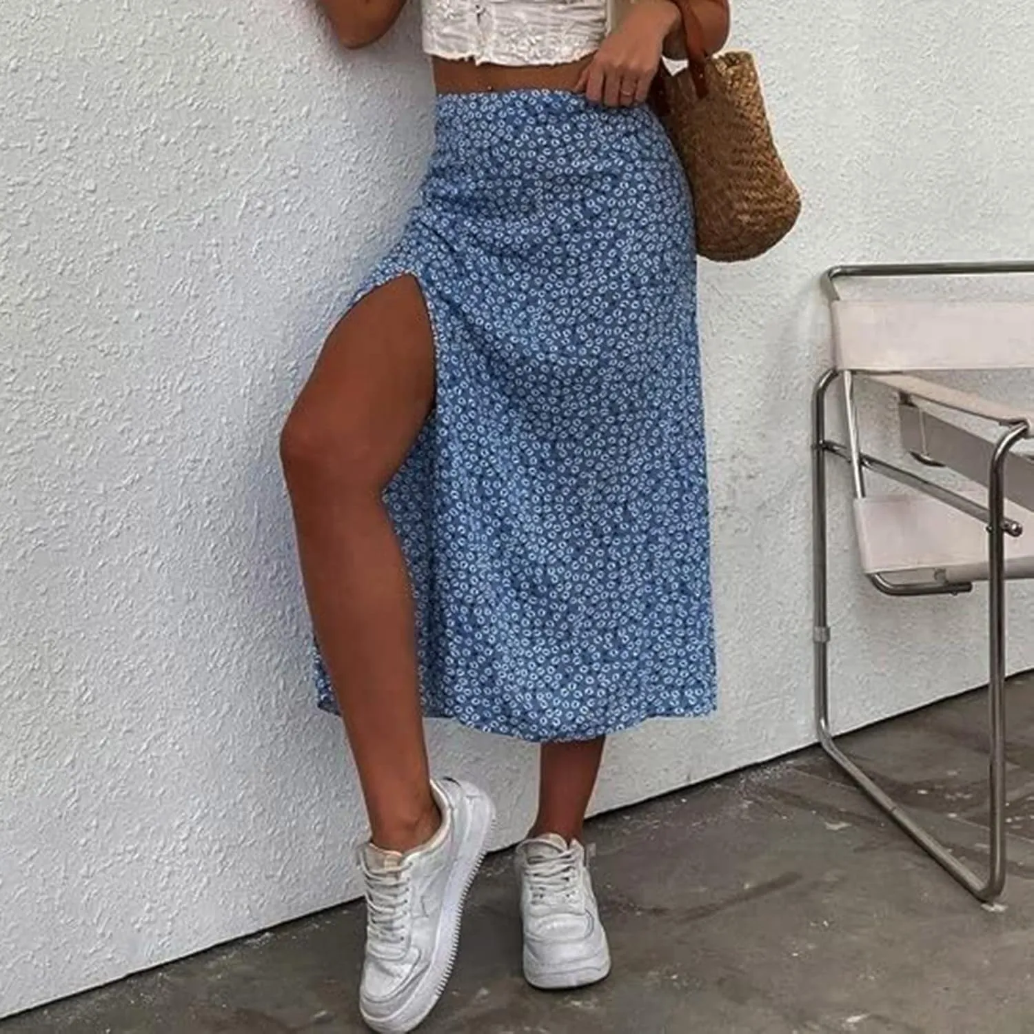Womens Floral Maxi Skirt Boho Side Slit Flowy Summer Long Skirts Comfy High Waist Beach Print A-Line Skirts 2025