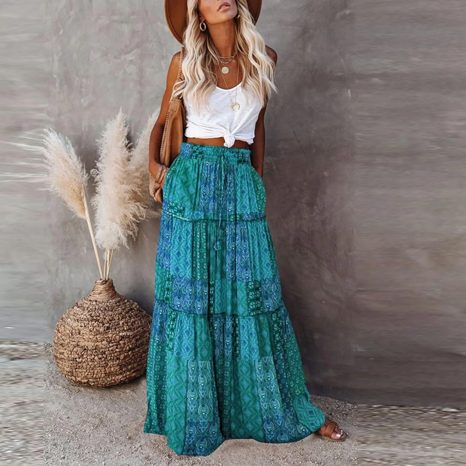 Women's Skirts,High Waisted Summer Flowy Long Skirts for Women 2025 Linen Womens Boho Maxi Skirt with Pockets