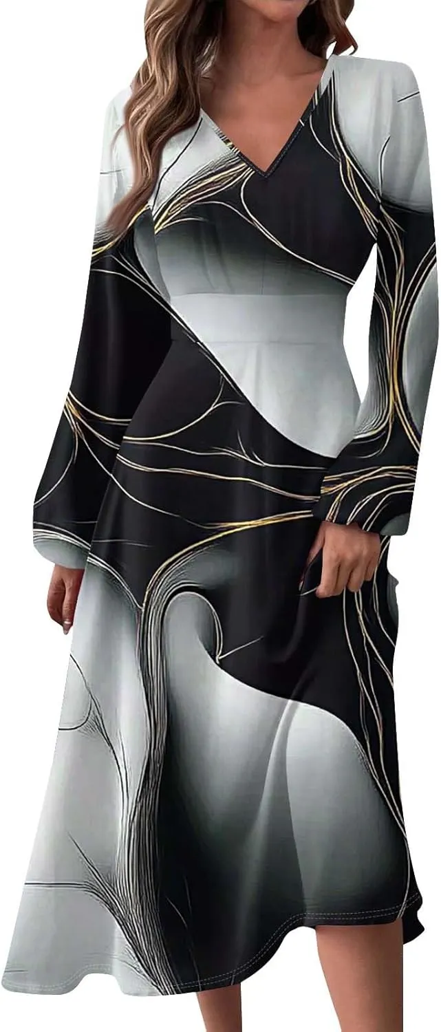 Womens Spring Fashion 2025 Dress V Neck Long Sleeve Midi Summer Cute Boho Vacation Loose Fitted Dress