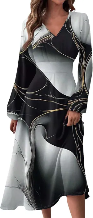 Womens Spring Fashion 2025 Dress V Neck Long Sleeve Midi Summer Cute Boho Vacation Loose Fitted Dress
