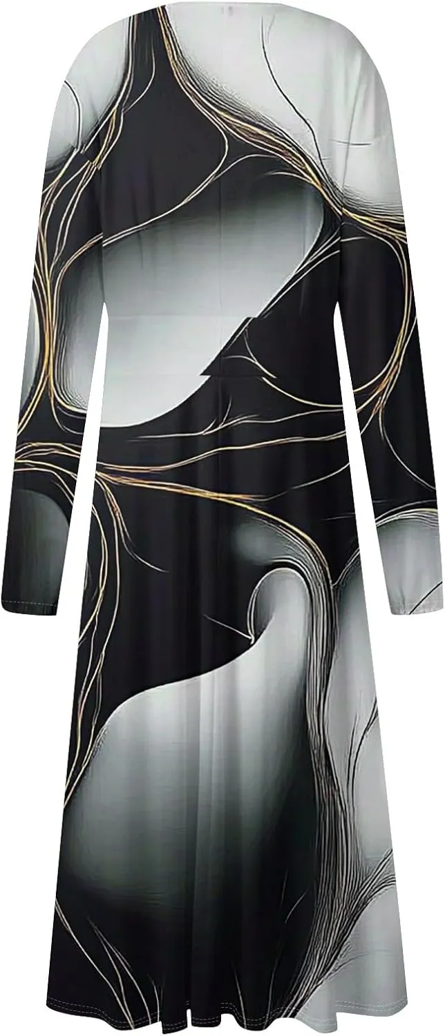 Womens Spring Fashion 2025 Dress V Neck Long Sleeve Midi Summer Cute Boho Vacation Loose Fitted Dress