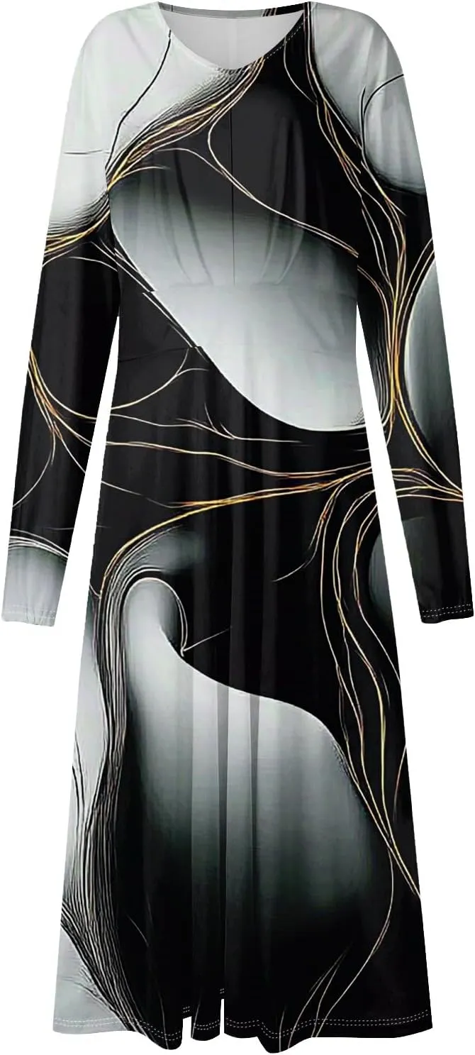 Womens Spring Fashion 2025 Dress V Neck Long Sleeve Midi Summer Cute Boho Vacation Loose Fitted Dress