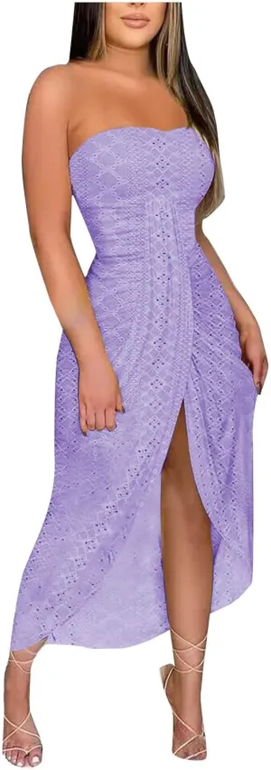 Women's Strapless Maxi Bodycon Dresses Sleeveless Eyelet Wrap Asymmetrical Slit Beach Maxi Long Dress Beach Cover-ups