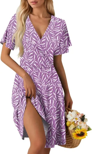 Womens Summer Boho Floral Wrap Dresses for Women 2025 Casual V Neck Short Sleeve Flowy A-Line Midi Vacation Beach Sundress