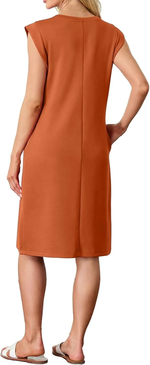 Womens Summer Mini Dress Loose Split Sleeveless Crewneck Midi Dress Lightweight Beach Vacation Tunic Dresses