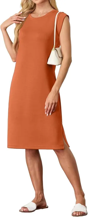 Womens Summer Mini Dress Loose Split Sleeveless Crewneck Midi Dress Lightweight Beach Vacation Tunic Dresses