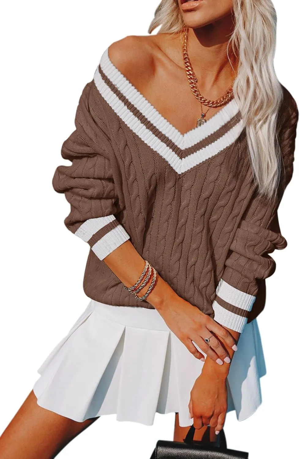 Womens V Neck Oversized Sweaters Long Sleeve Cable Knit Pullover Striped Chunky Sweater Casual Tennis Tunic Tops