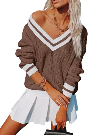 Womens V Neck Oversized Sweaters Long Sleeve Cable Knit Pullover Striped Chunky Sweater Casual Tennis Tunic Tops